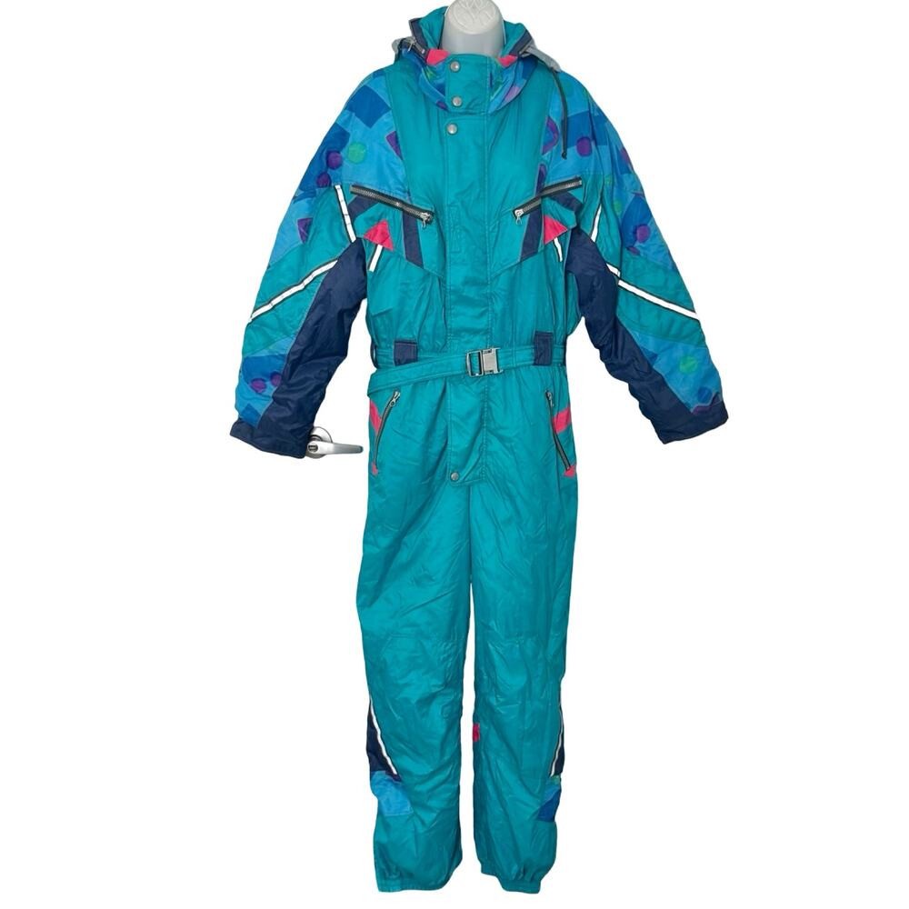 Vintage 80s 90s Teal Blue Hooded Pink Ski Suit One Piece Size M / L McKee's